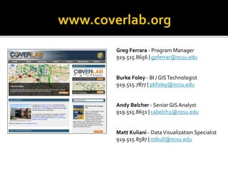 Greg Ferrara-Program Manager919.515.8656 |gpferrar@ncsu.edu 
Burke Foley-BI / GIS Technologist919.515.7877 |pbfoley@ncsu.edu 
Andy Belcher-Senior GIS Analyst919.515.8651 |cabelch2@ncsu.edu 
Matt Kuliani-Data Visualization Specialist 919.515.8587 |mlkull@ncsu.edu  