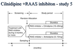 Cilnidipine +RAAS inhibiton - study 5Cilnidipine +RAAS inhibiton - study 5
Int. J. Mol. Sci. 2013, 14, L/N-Type calcium channel blocker cilnidipine added to RAAS inhibition improves ambulatory blood pressure
profile and suppresses cardiac hypertrophy in hypertension with CKD by Tomohiko Kanaoka et al.
 