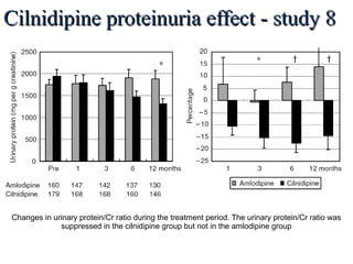 Cilnidipine proteinuria effect - study 8Cilnidipine proteinuria effect - study 8
T Fujita et al.: Antiproteinuric effect of cilnidipine, Kidney International (2007) 72, 1543–1549
Changes in urinary protein/Cr ratio during the treatment period. The urinary protein/Cr ratio was
suppressed in the cilnidipine group but not in the amlodipine group
 