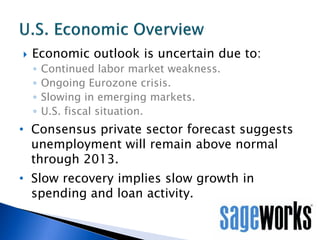 

Economic outlook is uncertain due to:
◦
◦
◦
◦

Continued labor market weakness.
Ongoing Eurozone crisis.
Slowing in eme...