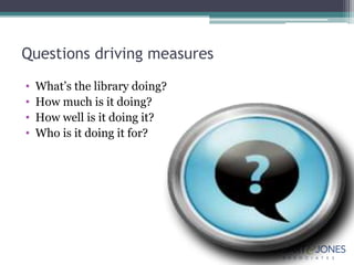 Are organization-dependent & must be connected from strategic directives to employees  Underlying assumptionsFew (public) libraries have a “culture of assessment”