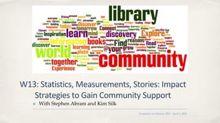 Computers in Libraries 2022 April 1, 2022
W13: Statistics, Measurements, Stories: Impact
Strategies to Gain Community Support
✤ With Stephen Abram and Kim Silk
 