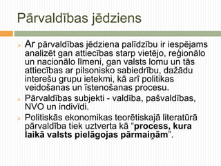 Pārvaldības jēdziens
   Ar pārvaldības jēdziena palīdzību ir iespējams
    analizēt gan attiecības starp vietējo, reģionālo
    un nacionālo līmeni, gan valsts lomu un tās
    attiecības ar pilsonisko sabiedrību, dažādu
    interešu grupu ietekmi, kā arī politikas
    veidošanas un īstenošanas procesu.
   Pārvaldības subjekti - valdība, pašvaldības,
    NVO un indivīdi.
   Politiskās ekonomikas teorētiskajā literatūrā
    pārvaldība tiek uztverta kā “process, kura
    laikā valsts pielāgojas pārmaiņām”.
 