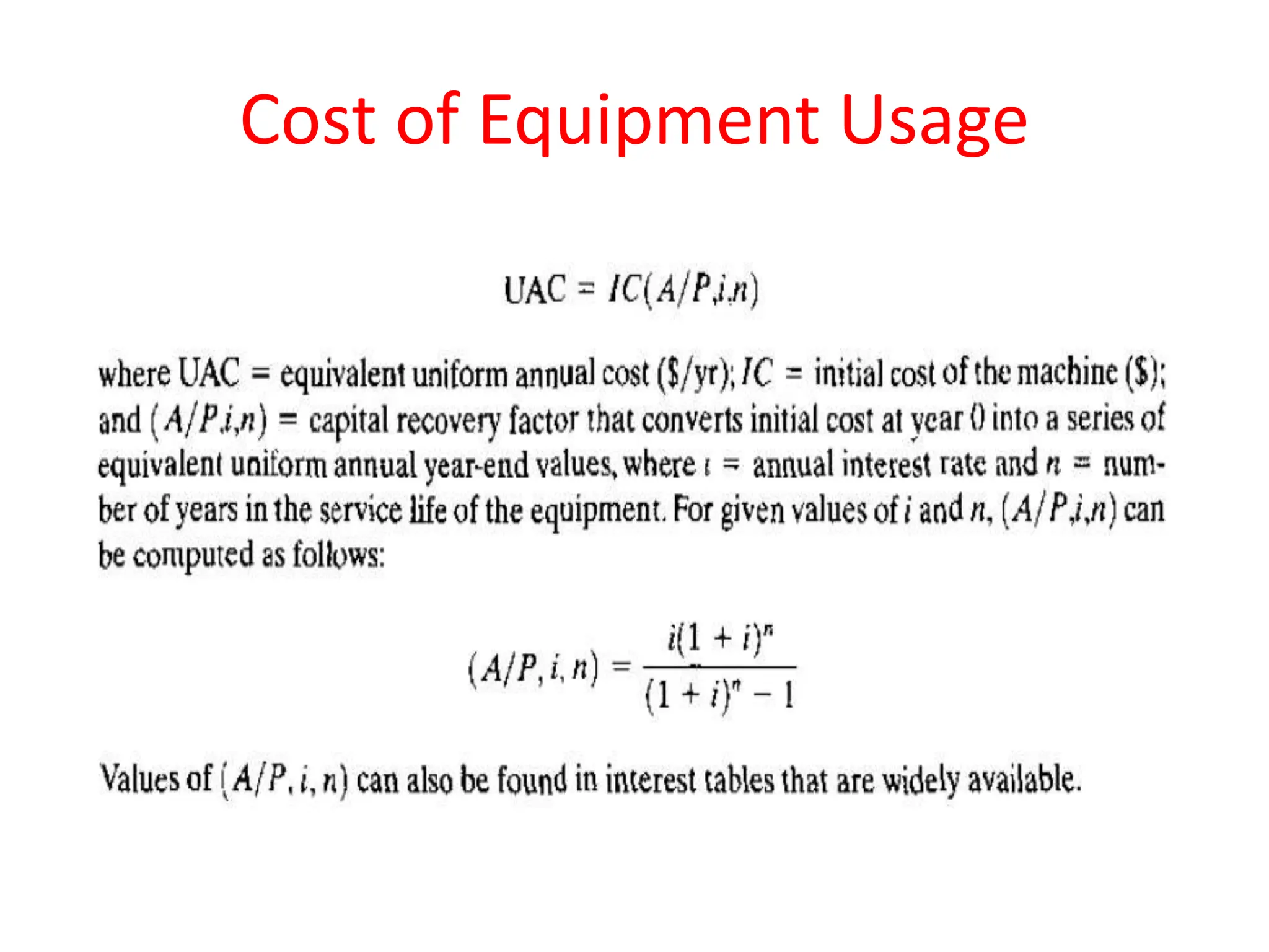 Cost of Equipment Usage
 