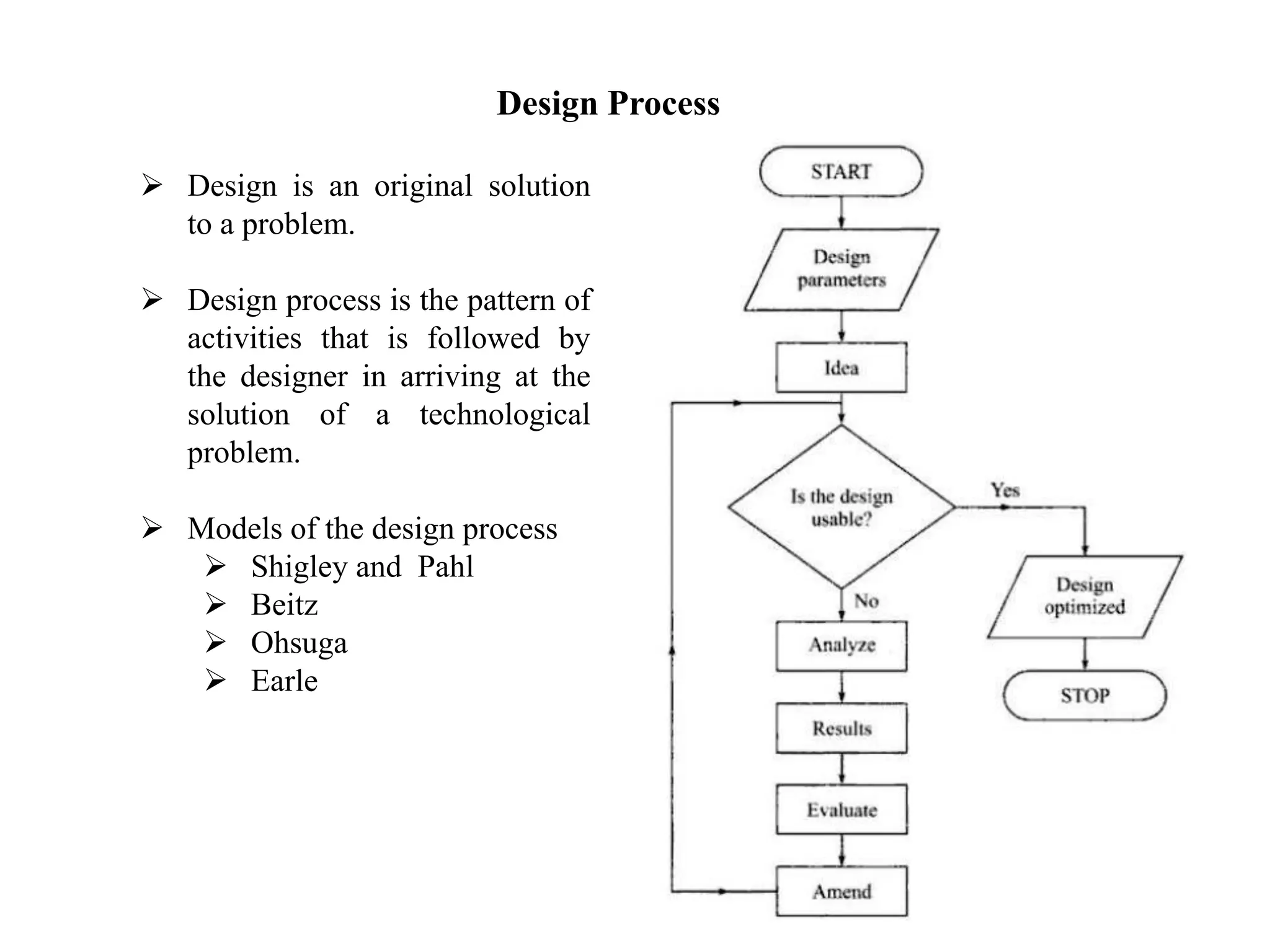 Design Process
 Design is an original solution
to a problem.
 Design process is the pattern of
activities that is followed by
the designer in arriving at the
solution of a technological
problem.
 Models of the design process
 Shigley and Pahl
 Beitz
 Ohsuga
 Earle
 
