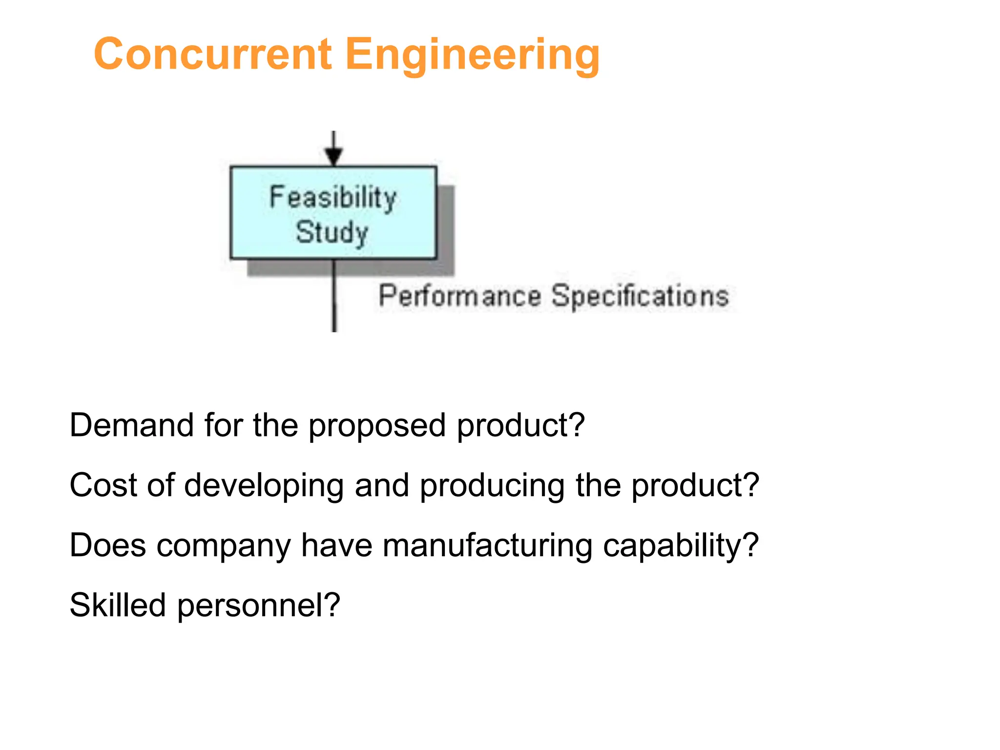 Concurrent Engineering
Demand for the proposed product?
Cost of developing and producing the product?
Does company have manufacturing capability?
Skilled personnel?
 