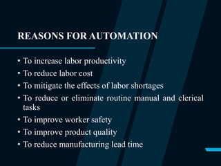 REASONS FOR AUTOMATION
• To increase labor productivity
• To reduce labor cost
• To mitigate the effects of labor shortages
• To reduce or eliminate routine manual and clerical
tasks
• To improve worker safety
• To improve product quality
• To reduce manufacturing lead time
 