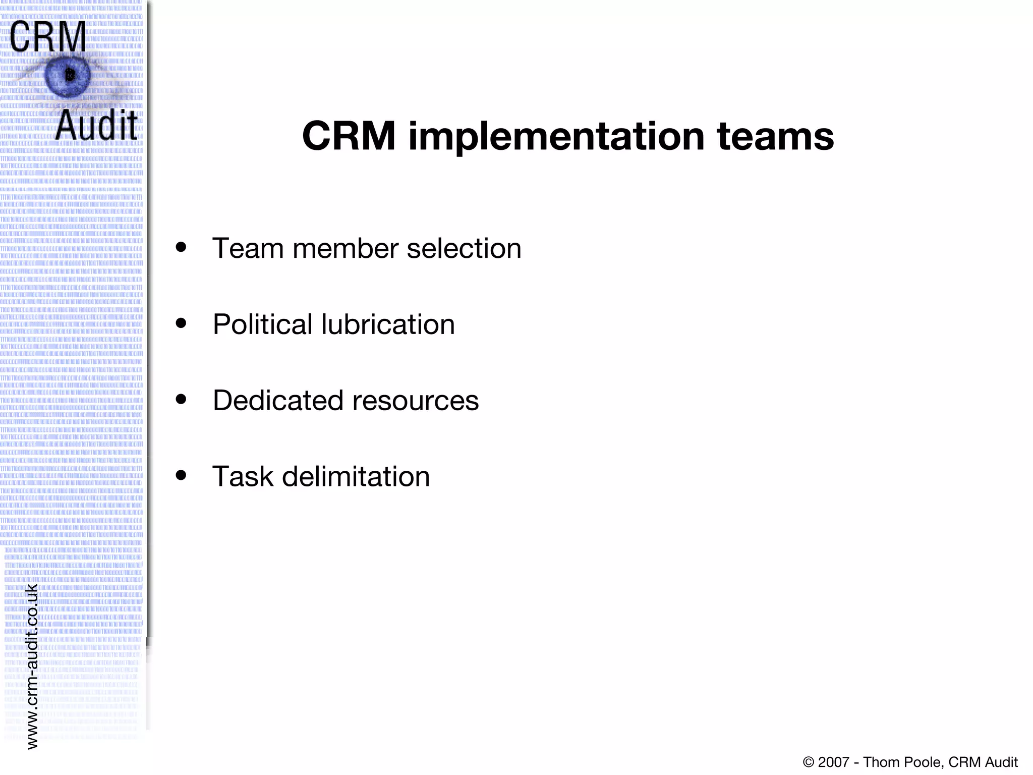 CRM implementation teams Team member selection Political lubrication Dedicated resources Task delimitation 