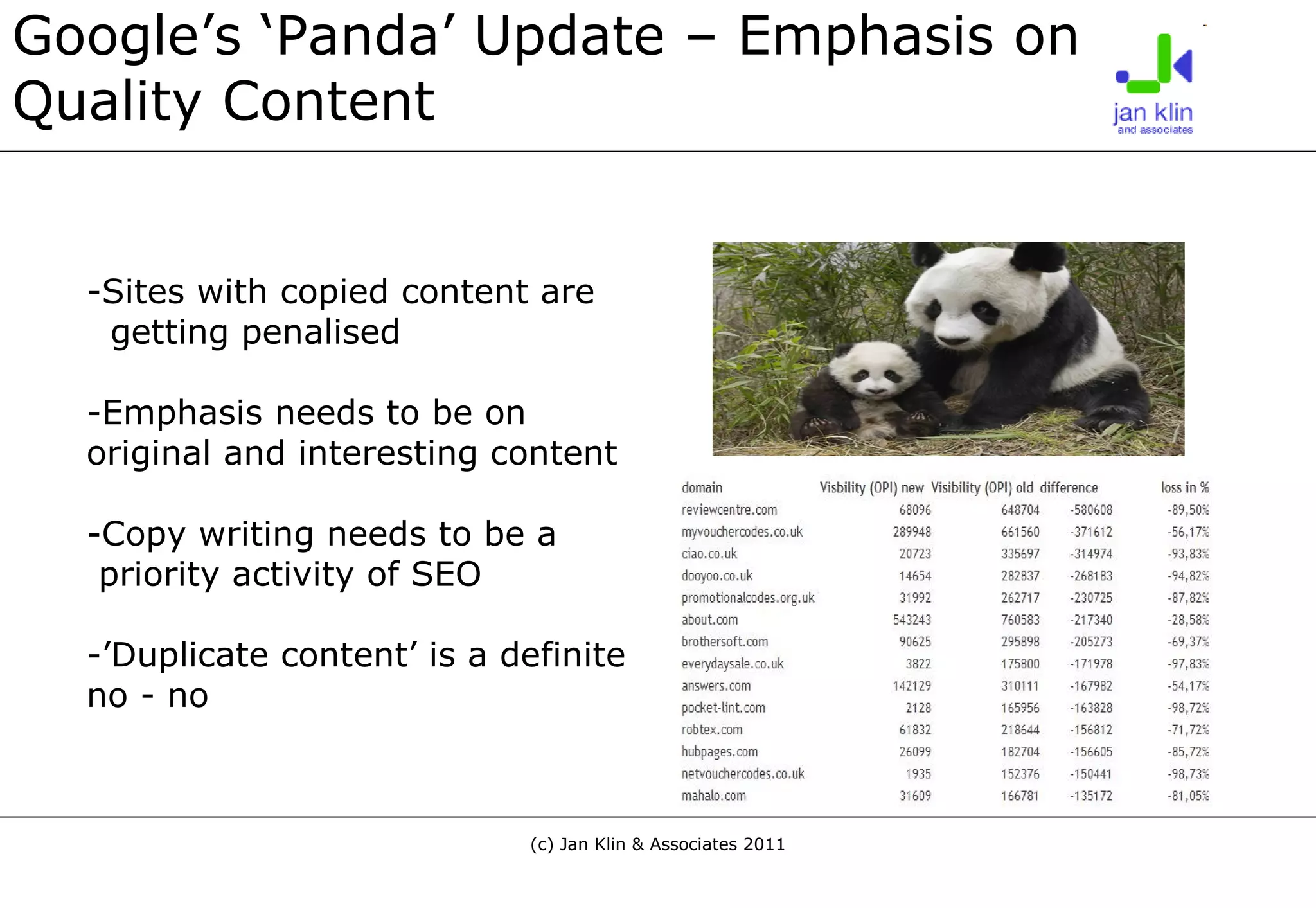 Google’s ‘Panda’ Update – Emphasis on Quality Content Sites with copied content are  getting penalised -Emphasis needs to be on original and interesting content -Copy writing needs to be a priority activity of SEO -’Duplicate content’ is a definite no - no 
