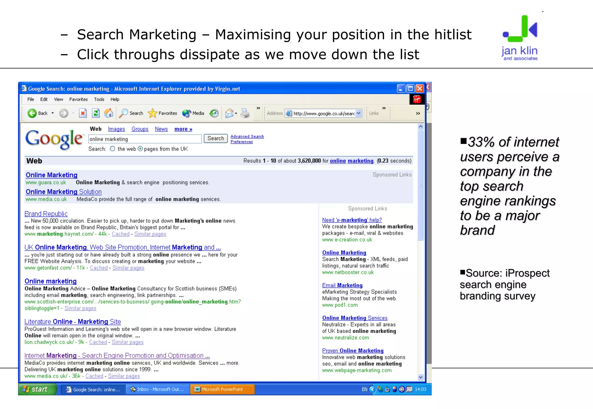 Search Marketing – Maximising your position in the hitlist Click throughs dissipate as we move down the list 33% of internet users perceive a company in the top search engine rankings to be a major brand Source: iProspect search engine branding survey 