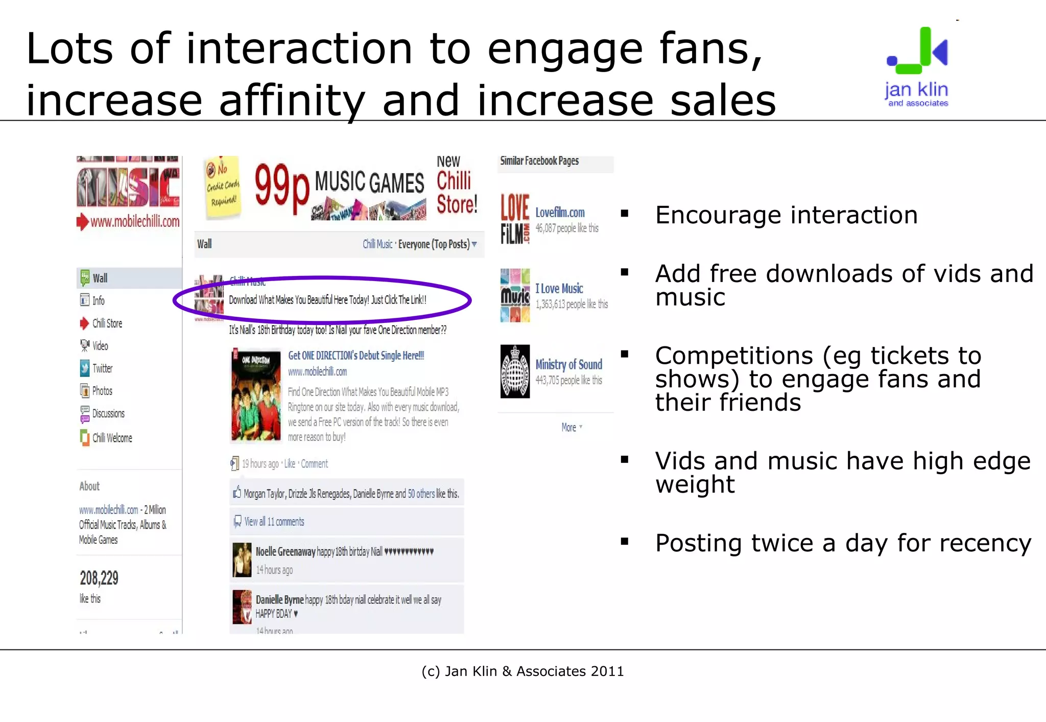 Lots of interaction to engage fans, increase affinity and increase sales Encourage interaction Add free downloads of vids and music Competitions (eg tickets to shows) to engage fans and their friends Vids and music have high edge weight Posting twice a day for recency 