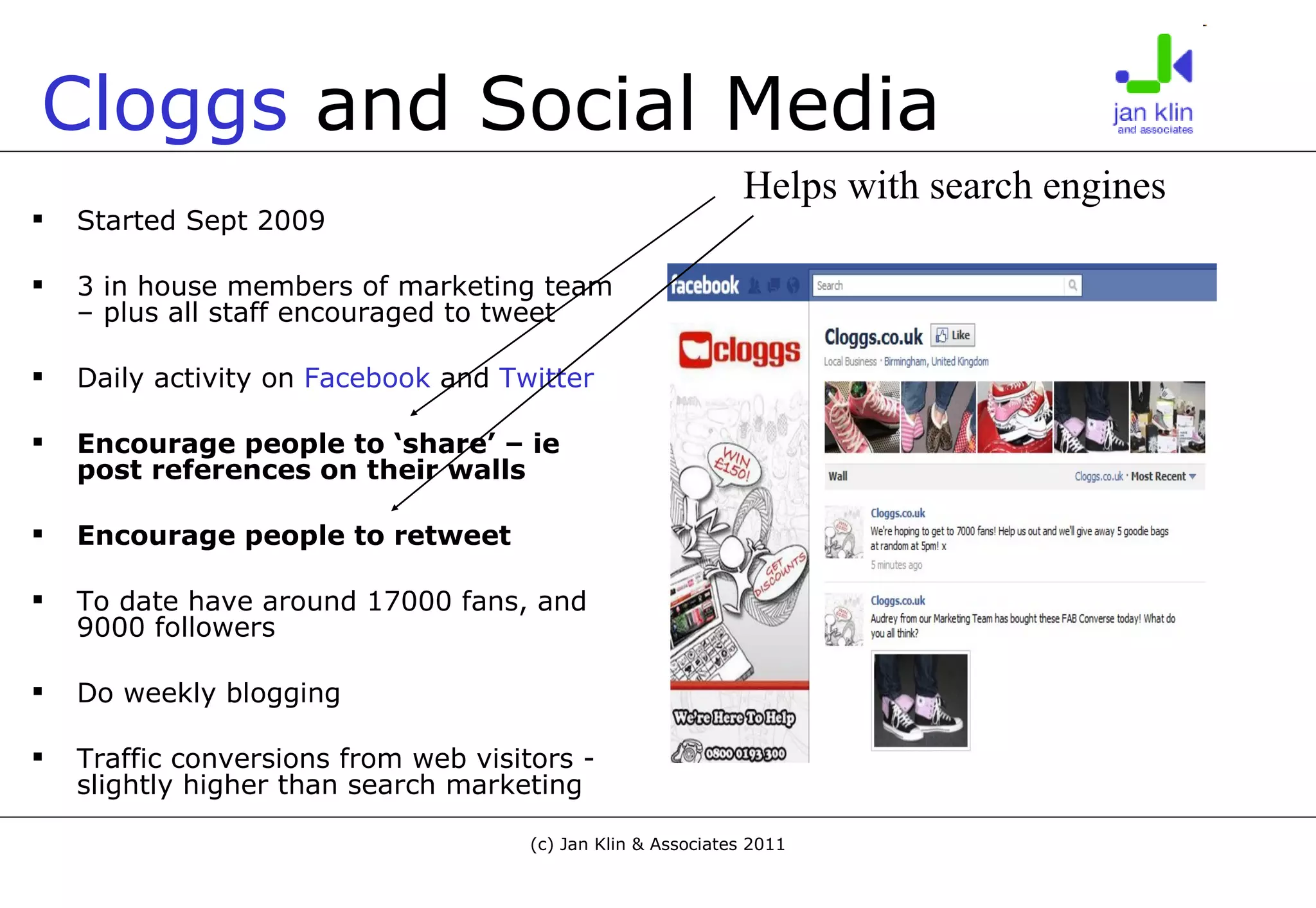Cloggs   and Social Media Started Sept 2009 3 in house members of marketing team – plus all staff encouraged to tweet Daily activity on  Facebook  and  Twitter Encourage people to ‘share’ – ie post references on their walls Encourage people to retweet To date have around 17000 fans, and 9000 followers Do weekly blogging Traffic conversions from web visitors - slightly higher than search marketing Helps with search engines 