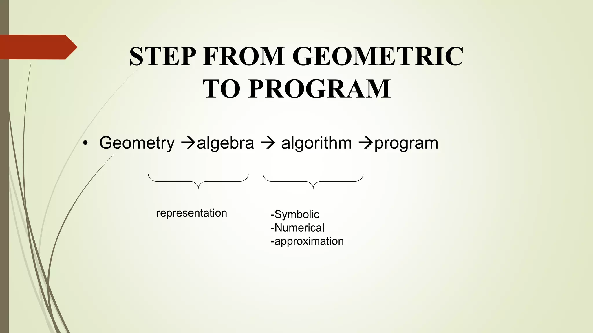 STEP FROM GEOMETRIC
TO PROGRAM
• Geometry algebra  algorithm program
representation -Symbolic
-Numerical
-approximation
 