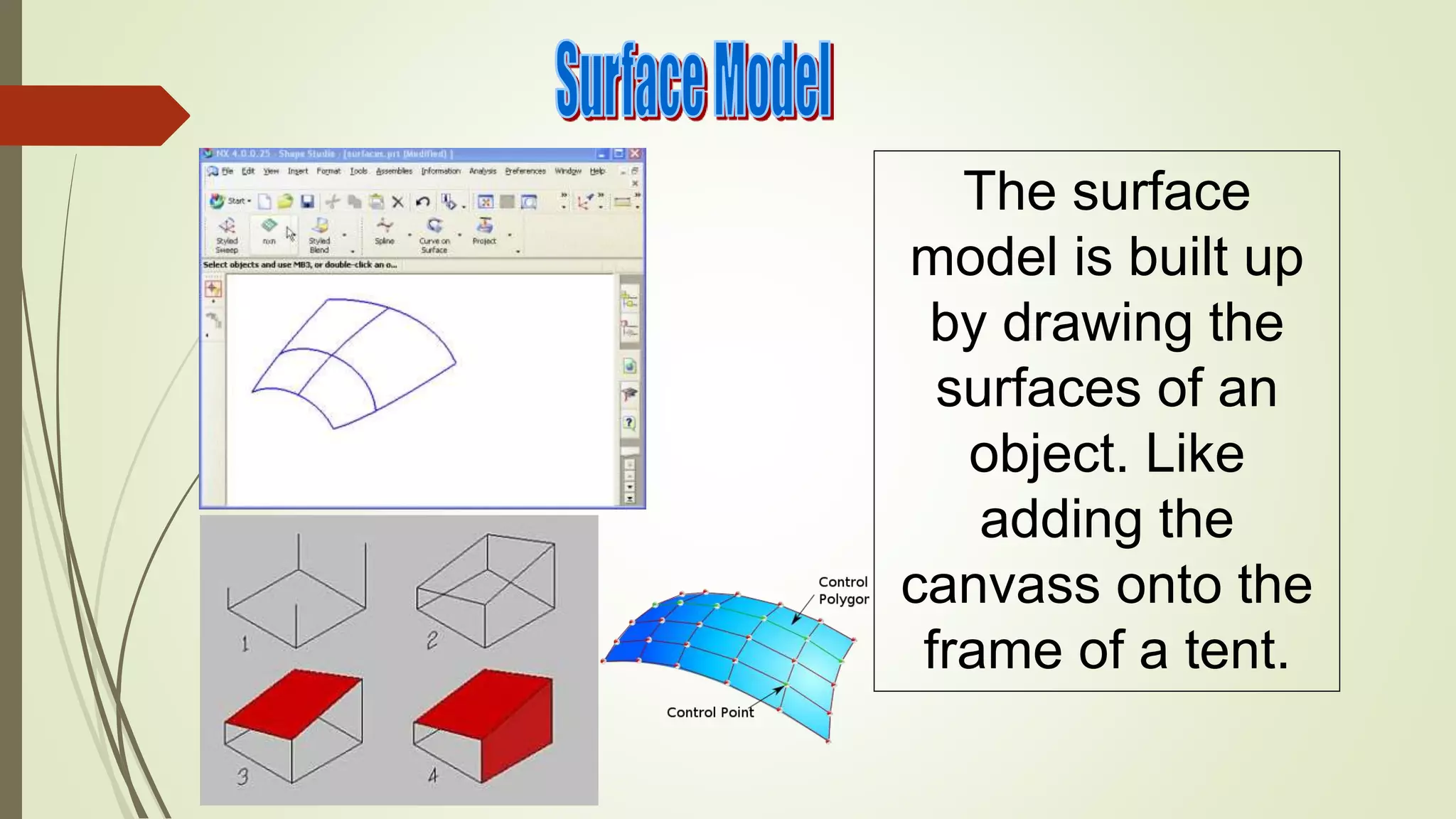 The surface
model is built up
by drawing the
surfaces of an
object. Like
adding the
canvass onto the
frame of a tent.
 