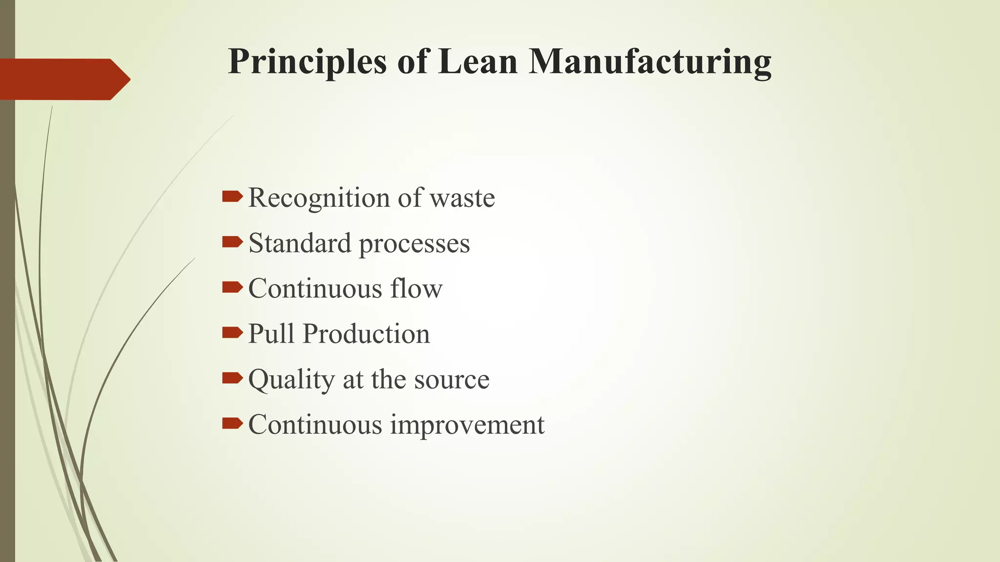 Recognition of waste
Standard processes
Continuous flow
Pull Production
Quality at the source
Continuous improvement
Principles of Lean Manufacturing
 