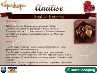 Análise
                              Analise Externa
Oportunidades:

•Não há concorrente direto em seu seguimento de negócio;
•A empresa está situada em quase todos os estados nacionais;
•Planeja expansão para o exterior; (A empresa fechou um contrato de
exportação hoje às vendas externas representam apenas 5% do seu
faturamento)

Ameaças :

•Transformação econômica : a economia nacional encontra-se volátil;
(principalmente com a crise mundial)
•Transformação comportamental da concorrência : a marca concorre
indiretamente com outros segmentos como lojas de presentes, jóias, flores e
roupas; (A marca é identificada como um item de requinte, como por exemplo
o vinho)
•Atualmente concorre com apenas um produto da Häagen-Dazs, que atua no
ramo de sorvetes de alta qualidade;
 