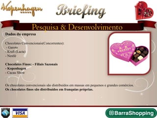 Briefing
                  Pesquisa & Desenvolvimento
Dados da empresa

Chocolates Convencionais(Concorrentes):
 - Garoto
- Kraft (Lacta)
- Nestlé

Chocolates Finos: - Filiais Sazonais
- Kopenhagen
- Cacau Show


Os chocolates convencionais são distribuídos em massas em pequenos e grandes comércios.
Os chocolates finos são distribuídos em franquias próprias.
 