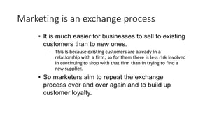 Marketing is an exchange process
• It is much easier for businesses to sell to existing
customers than to new ones.
— This is because existing customers are already in a
relationship with a firm, so for them there is less risk involved
in continuing to shop with that firm than in trying to find a
new supplier.
• So marketers aim to repeat the exchange
process over and over again and to build up
customer loyalty.
 
