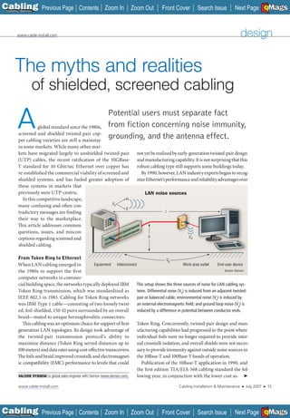 C Previous Page
                                                                                                                                                              A

Installation 7Maintenance
                                                Contents Zoom In               Zoom Out           Front Cover          Search Issue           Next Page EMaGS
                                                                                                                                                              B       F




           www.cable-install.com                                                                                                                  design


        The myths and realities
                        of shielded, screened cabling

          A           global standard since the 1980s,
           screened and shielded twisted-pair cop-
           per cabling varieties are still a mainstay
                                                                 Potential users must separate fact
                                                                 from fiction concerning noise immunity,
                                                                 grounding, and the antenna effect.
           in some markets. While many other mar-
           kets have migrated largely to unshielded twisted-pair                   not yet be realized by early-generation twisted-pair design
           (UTP) cables, the recent ratification of the 10GBase-                   and manufacturing capability. It is not surprising that this
           T standard for 10-Gbit/sec Ethernet over copper has                     robust cabling type still supports some buildings today.
           re-established the commercial viability of screened and                   By 1990, however, LAN industry experts began to recog-
           shielded systems, and has fueled greater adoption of                    nize Ethernet’s performance and reliability advantages over
           these systems in markets that
           previously were UTP-centric.                                                 LAN noise sources
             In this competitive landscape,                      H
           many confusing and often con-                   Ve
                                                                 E
           tradictory messages are finding                                                          l
           their way to the marketplace.
           This article addresses common
           questions, issues, and miscon-
           ceptions regarding screened and                                               h                        Vd

           shielded cabling.

            From Token Ring to Ethernet                                                                 Vg
           When LAN cabling emerged in                       Equipment Interconnect                             Work area outlet     End-user device
           the 1980s to support the first                                                                                                Source: Siemon

           computer networks in commer-
           cial building space, the networks typically deployed IBM                This setup shows the three sources of noise for LAN cabling sys-
           Token Ring transmission, which was standardized as                       tems. Differential noise (Vd) is induced from an adjacent twisted-
           IEEE 802.5 in 1985. Cabling for Token Ring networks                      pair or balanced cable; environmental noise (Ve) is induced by
           was IBM Type 1 cable—consisting of two loosely twist- an external electromagnetic ﬁeld; and ground loop noise (Vg) is
           ed, foil-shielded, 150-Ω pairs surrounded by an overall                  induced by a difference in potential between conductor ends.
           braid—mated to unique hermaphroditic connectors.
              This cabling was an optimum choice for support of first- Token Ring. Concurrently, twisted-pair design and man-
           generation LAN topologies. Its design took advantage of                  ufacturing capabilities had progressed to the point where
           the twisted-pair transmission protocol’s ability to                      individual foils were no longer required to provide inter-
           maximize distance (Token Ring served distances up to                     nal crosstalk isolation, and overall shields were not neces-
           100 meters) and data rates using cost-effective transceivers. sary to provide immunity against outside noise sources in
           The foils and braid improved crosstalk and electromagnet- the 10Base-T and 100Base-T bands of operation.
           ic compatibility (EMC) performance to levels that could                     Publication of the 10Base-T application in 1990, and
                                                                                    the first edition TIA/EIA-568 cabling standard the fol-
           VALERIE RYBINSKI is global sales engineer with Siemon (www.siemon.com).  lowing year, in conjunction with the lower cost as- ➤

            www.cable-install.com                                                                            Cabling Installation & Maintenance   ■   July 2007   ■       15




C Previous Page
                                                                                                                                                              A

Installation 7Maintenance
                                                Contents Zoom In               Zoom Out           Front Cover          Search Issue           Next Page EMaGS
                                                                                                                                                              B       F
 