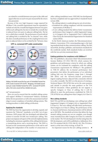 C Previous Page
                                                                                                                                                           A

Installation 7Maintenance
                                                        Contents Zoom In                Zoom Out        Front Cover       Search Issue                     B
                                                                                                                                             Next Page EMaGS  F




               are related to crosstalk between wire pairs in the cable and                       other cabling installation issues. IEEE 802.3an development
               signal reflection on each wire pair measured by the return                         has been completed and was approved by it standards board
               loss parameter.                                                                    in June 2006.
              Because of the very high frequency range required for                                 The cabling industry is undertaking two sets of activities:
           10GBase-T, the crosstalk requirements must be expanded to                                • Guidelines for cabling compliance with the transmission
           include not only the crosstalk that happens between wire pairs                             requirements of 10GBase-T;
           within each cabling link, but also to include the crosstalk that                         • A new cabling standard that delivers better transmission
           is induced from wire pairs in adjacent cabling links. The lat-                             performance than Category 6, called Augmented Catego-
           ter is called alien crosstalk. The performance of each individ-                            ry 6 (Category 6A) or Augmented Class E (abbreviated
           ual cabling link is certified by the “in-channel” tests, while                             Class EA by the International Organization for Standard-
           the alien crosstalk performance or the coupling between wire                               ization [ISO]).
           pairs in adjacent links is to be certified by the “between-chan-                         In the North American market, the Telecommunications
                                                                                                  Industry Association (TIA; www.tiaonline.org) is the lead-
                            UTP vs. screened UTP cable construction
                                                                                                  ing standards body for data communications cabling. The ISO,
                            UTP                                 STP                               meanwhile, develops, publishes, and maintains standards for
                                          Conductor                          Conductor            the worldwide market. Both standards bodies are involved
                                           Insulation                         Insulation          with the two activities mentioned above.
                                            Pair                               Pair
                                            Sheath                             Pair shield
                                                                                                  Cabling guidelines for compliance with 10GBase-T
                                                                              Sheath
                                                                                                  The TIA published a document titled Telecommunications
                                                                                                  Systems Bulletin 155 (TIA TSB-155), which contains the
                            S/UTP                               S/STP                             guidelines and performance criteria by which any cabling
                                          Conductor                          Conductor
                                                                                                  system can be evaluated for compliance with the cabling
                                           Insulation                          Insulation         transmission requirements for 10GBase-T. The guidelines
                                            Pair                                Pair              in TSB-155 address the in-channel performance (test
                                            Shield                              Pair shield       parameters that define the performance of an individual
                                           Sheath                              Cable shield       cabling link over the frequency range from 1 through
                                                                             Sheath               500 MHz) and the between-channel performance
                                                                         Source: Fluke Networks   (signal coupling between adjacent links commonly referred
           Adding a foil shield around the four pairs of Unshielded Twisted Pair                  to as alien crosstalk). The ISO is in the process of creating a
           (UTP) creates Screened UTP (S/UTP). Wrapping a foil shield around                      Technical Report (TR 24750) that serves the same purpose,
           each pair creates Shielded Twisted Pair (STP). Screened STP (S/STP)                    and intends to provide the same guidance as the TIA
           adds a foil screen around all four shielded wire-pairs.                                TSB-155 document. (These guidelines do not suppose a
                                                                                                  specific Category or Class of cabling, but it will be
           nel” test parameters.                                                                  difficult to meet the performance established by TSB-155
             How can you be assured that the installed cabling system                             [TR 24750] for any cabling lower than Category 6 or Class E.)
           will support 10GBase-T transmission? Industry standards
           define the test parameters as well as the measurement method-                          New cabling standards
           ology to assure compliance of installed cabling systems. This                          Both TIA and ISO are developing a new cabling type called
           testing procedure is called cabling certification.                                     Augmented Category 6 (Category 6A) or Augmented Class
                                                                                                  E (Class EA). This new cabling will offer better performance
           Applying the standards                                                                 than Category 6 or Class E cabling. The performance of the
           The IEEE has been the organization to develop, expand, and                             in-channel and between-channel parameters will be defined
           maintain the “Ethernet” standards, in its 802.3 set of spec-                           up to 500 MHz. The standards activities that defi ne the Aug-
           ifications. IEEE project 802.3an developed and defined the                             mented cabling systems are not yet complete, even though
           system to transmit 10-GbE over twisted-pair cabling. This                              many manufacturers offer Category 6A (Class EA) solutions
           project encompasses all aspects of the network implementation,                         in the market. The TIA development is further along than the
           including the minimum capability of the cabling link between                           ISO development, and will be published as Addendum 10 to
           a transmitting device and a receiving device. The IEEE is                              the TIA standard 568-B.2 (TIA-568-B.2-10). This TIA docu-
           focused on the transmission performance of the end-to-end                              ment is, at the time of this writing, in Draft 7.0.
           cabling link independent of the number of connections or                                 An important reason for the new cabling systems is ➤

             30    ■   July 2007    ■   Cabling Installation & Maintenance                                                                  www.cable-install.com




C Previous Page
                                                                                                                                                           A

Installation 7Maintenance
                                                        Contents Zoom In                Zoom Out        Front Cover       Search Issue                     B
                                                                                                                                             Next Page EMaGS  F
 