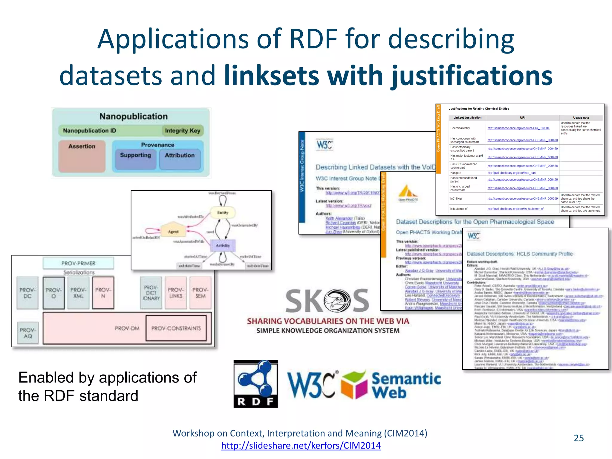 25 
Applications of RDF for describing 
datasets and linksets with justifications 
Enabled by applications of 
the RDF standard 
Workshop on Context, Interpretation and Meaning (CIM2014) 
http://slideshare.net/kerfors/CIM2014 
 