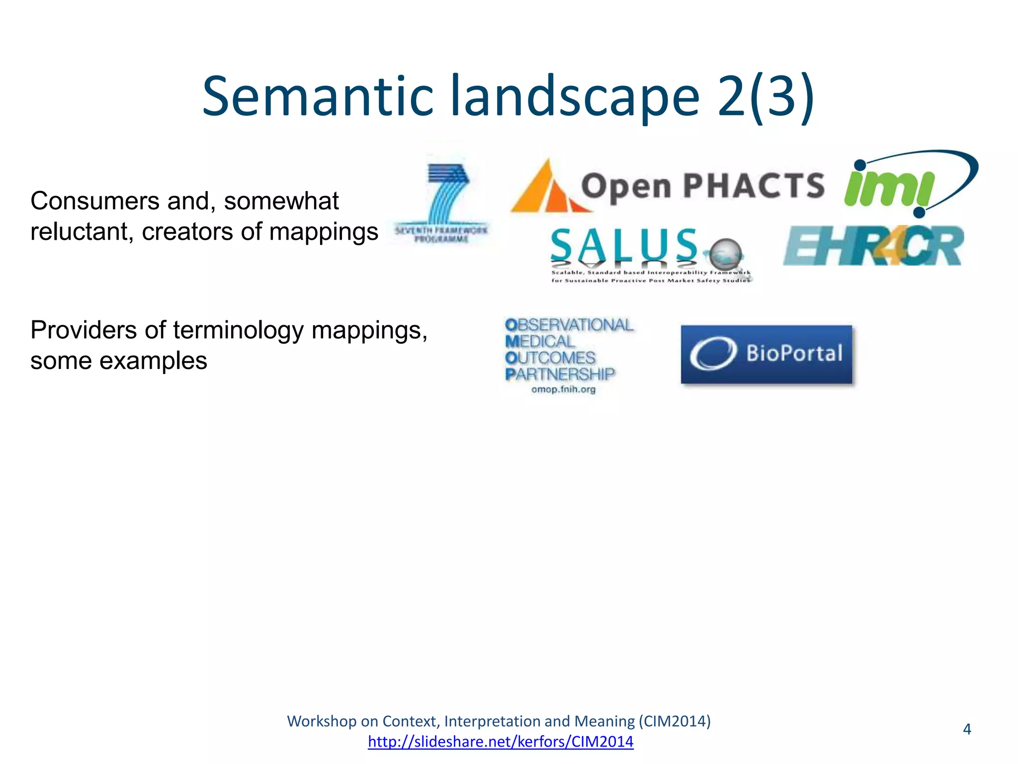 Semantic landscape 2(3) 
Consumers and, somewhat 
reluctant, creators of mappings 
Providers of terminology mappings, 
some examples 
Workshop on Context, Interpretation and Meaning (CIM2014) 4 
http://slideshare.net/kerfors/CIM2014 
 