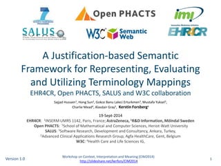 A Justification-based Semantic 
Framework for Representing, Evaluating 
and Utilizing Terminology Mappings 
EHR4CR, Open PHACTS, SALUS and W3C collaboration 
Sajjad Hussain1, Hong Sun2, Gokce Banu Laleci Erturkmen3, Mustafa Yuksel3, 
Charlie Mead4, Alasdair Gray5, Kerstin Forsberg6 
19-Oct-2014 
EHR4CR: 1INSERM UMRS 1142, Paris, France; AstraZeneca, 6R&D Information, Mölndal Sweden 
Open PHACTS: 5School of Mathematical and Computer Sciences, Heriot-Watt University 
SALUS: 3Software Research, Development and Consultancy, Ankara, Turkey, 
2Advanced Clinical Applications Research Group, Agfa HealthCare, Gent, Belgium 
W3C: 4Health Care and Life Sciences IG, 
1 
Workshop on Context, Interpretation and Meaning (CIM2014) 
http://slideshare.net/kerfors/CIM2014 
Version 1.0 
 