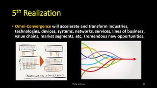 5th Realization
• Omni-Convergence will accelerate and transform industries,
technologies, devices, systems, networks, services, lines of business,
value chains, market segments, etc. Tremendous new opportunities.
Phillip Andrews 32
 