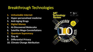 Breakthrough Technologies
1. Unhackable Internet
2. Hyper-personalized medicine
3. Anti-Aging Drugs
4. Digital Money
5. AI-Discovered Molecules
6. Satellite Mega-Constellations
7. Quantum Supremacy
8. Tiny AI
9. Differential Privacy
10. Climate Change Attribution
38
 