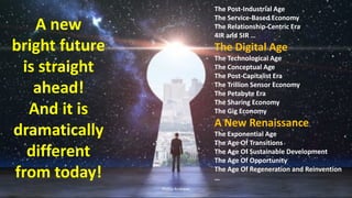 45
A new
bright future
is straight
ahead!
And it is
dramatically
different
from today!
The Post-Industrial Age
The Service-Based Economy
The Relationship-Centric Era
4IR and 5IR …
The Digital Age
The Technological Age
The Conceptual Age
The Post-Capitalist Era
The Trillion Sensor Economy
The Petabyte Era
The Sharing Economy
The Gig Economy
A New Renaissance
The Exponential Age
The Age Of Transitions
The Age Of Sustainable Development
The Age Of Opportunity
The Age Of Regeneration and Reinvention
…
Phillip Andrews
 