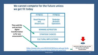 https://www.cnbc.com/2019/10/30/heres-why-ge-fords-
digital-transformation-programs-failed-last-year.html
They said this
and yet their
digital
transformation
so far was
unsuccessful
Phillip Andrews 61
And Ford is NOT the only one that
has hard time with Digital
Transformation
 