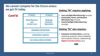 Phillip Andrews 62
Getting “fit” requires applying:
• Lean and Agile Manufacturing concepts
• Sustainable, Green, and Resilient
Manufacturing concepts
• Smart/Intelligent Manufacturing
concepts
Getting “fit” also requires:
• Enterprise Transformation, involving
improving corporate culture (adopting
the Innovation Culture), implementing
Digital Transformation, etc.)
Cont’d:
 