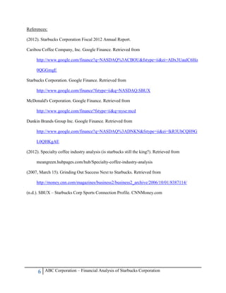 6 ABC Corporation – Financial Analysis of Starbucks Corporation
References:
(2012). Starbucks Corporation Fiscal 2012 Annual Report.
Caribou Coffee Company, Inc. Google Finance. Retrieved from
http://www.google.com/finance?q=NASDAQ%3ACBOU&fstype=ii&ei=ADx3UaulC6Ho
0QGGmgE
Starbucks Corporation. Google Finance. Retrieved from
http://www.google.com/finance?fstype=ii&q=NASDAQ:SBUX
McDonald's Corporation. Google Finance. Retrieved from
http://www.google.com/finance?fstype=ii&q=nyse:mcd
Dunkin Brands Group Inc. Google Finance. Retrieved from
http://www.google.com/finance?q=NASDAQ%3ADNKN&fstype=ii&ei=lkR3UbCQH9G
L0QHKgAE
(2012). Specialty coffee industry analysis (is starbucks still the king?). Retrieved from
meangreen.hubpages.com/hub/Specialty-coffee-industry-analysis
(2007, March 15). Grinding Out Success Next to Starbucks. Retrieved from
http://money.cnn.com/magazines/business2/business2_archive/2006/10/01/8387114/
(n.d.). SBUX – Starbucks Corp Sports Connection Profile. CNNMoney.com
 
