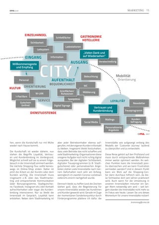 WC
Möblierung
Spielplätze
I-Pad Bars
hen, wenn die Kundschaft nur mit Mühe
wieder nach Hause kommt.
Die Kundschaft ist wieder daheim, nun
stehen die Begriffe Loyalität, Vertrau-
en und Kundenbindung im Vordergrund.
Möglichst schnell soll sie zu einem Folge­
besuch in der Innenstadt animiert werden.
Die nächste Shopping-Tour sollte keines-
wegs im Online-Shop enden. Daher ist
jetzt die Arbeit an der Kundin oder dem
Kunden wichtig. Die Innenstadt muss
insgesamt z. 
B. über das Stadtmarke-
ting und entsprechende Kommunikation
(über Bonusprogramme, Stadtgutschei-
ne, Facebook, Instagram etc.) den Kontakt
aufrechterhalten oder sogar die Kunden-
bindung intensivieren. Nur so bleibt die
Innenstadt im Gespräch, Loyalität kann
entstehen. Neben dem Stadtmarketing ist
aber jeder Betriebsinhaber ebenso auf­
gerufen,mitdeneigenenKundeninKontakt
zu bleiben. Insgesamt bleibt festzuhalten,
dass viele Betriebe das nicht schaffen und
vieleStadtmarketing-Organisationendiese
ureigene Aufgabe noch nicht richtig digital
ausspielen. Bei der digitalen Sichtbarkeit,
digitalen Treueprogrammen (z. B. Stadt-
gutscheine) oder personalisierten Ange-
boten stehen viele Innenstädte nach mei-
nem Dafürhalten noch sehr am Anfang,
wenngleich im zweiten Corona-Lockdown
vielerorts enorm nachgeholt wurde.
Dennoch bleibt zu hoffen (und die Zeichen
stehen gut), dass die Begeisterung für
unsere Innenstädte wieder bei Kundinnen
und Kunden geweckt wird. Gerade im Zuge
der momentanen Sonderkonjunktur durch
Förderprogramme plädiere ich dafür, die
Innenstädte wie aufgezeigt entlang des
Modells der `Customer Journey´ laufend
zu überprüfen und zu entwickeln.
Diese Reise gehört auf den Prüfstand und
muss durch entsprechende Maßnahmen
immer weiter optimiert werden. An wel-
chen Punkten kann die Innenstadt posi-
tiv überraschen und wo kann Frustration
vermieden werden? Und in diesem Punkt
kann ein Blick auf die Shopping-Cen-
ter dann durchaus hilfreich sein, da die-
se Sichtweise dort seit Jahren praktiziert
wird. Auch wenn für die Umsetzung in
unseren Innenstädten mitunter ein lan-
ger Atem notwendig sein wird – seit lan-
gem standen die Innenstädte nicht mehr so
im Fokus wie heute. Lassen Sie uns dieses
Momentum für unsere Innenstädte nutzen!
kremming@cima.de
2021
Vertrauen und
Kundenbindung
Social Media
Gutschein
(online)
W-LAN
Personal
Digital Signage
Grünflächen/
Ruhezonen
Beleuchtung
Leitsystem
Sichtbarkeit
Schließfächer
Ladestationen
Verabschiedung
Personalisierte
Angebote
Mailings Kunden-
befragung
Treueprogramm
Newsletter
DIENSTLEISTENDE
SERVICE
ORIENTIERUNG
BEQUEMLICHKEIT
KULTUR
EINZELHANDEL
EINGANG
AUSGANG
GASTRONOMIE
HOTELLERIE
LOYALITÄT
CITY
CITY
Willkommensgeste
und Empfang
„Vielen Dank und
auf Wiedersehen“
Information
Mobilität
Orientierung
AUFENTHALT
15
MARKETING
 