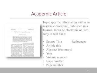 10
Academic Article
Topic specific information within an
academic discipline, published in a
Journal. It can be electronic or hard
copy. It will have:
• Source Title References
• Article title
• Abstract (summary)
• Year
• Volume number
• Issue number
• Page number
 