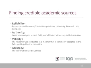 Finding credible academic sources
Reliability:
From a reputable source/institution- publisher, University, Research Unit,
Company
Authority:
Creator is an expert in their field, and affiliated with a reputable institution
Validity :
The research was conducted in a manner that is commonly accepted in the
field, and is evident in the article
Accuracy:
The information can be verified
22
 