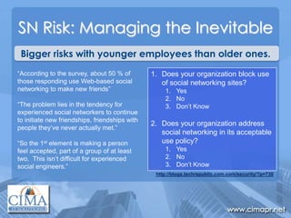 Bigger risks with younger employees than older ones.<br />SN Risk: Managing the Inevitable<br />“According to the survey, ...