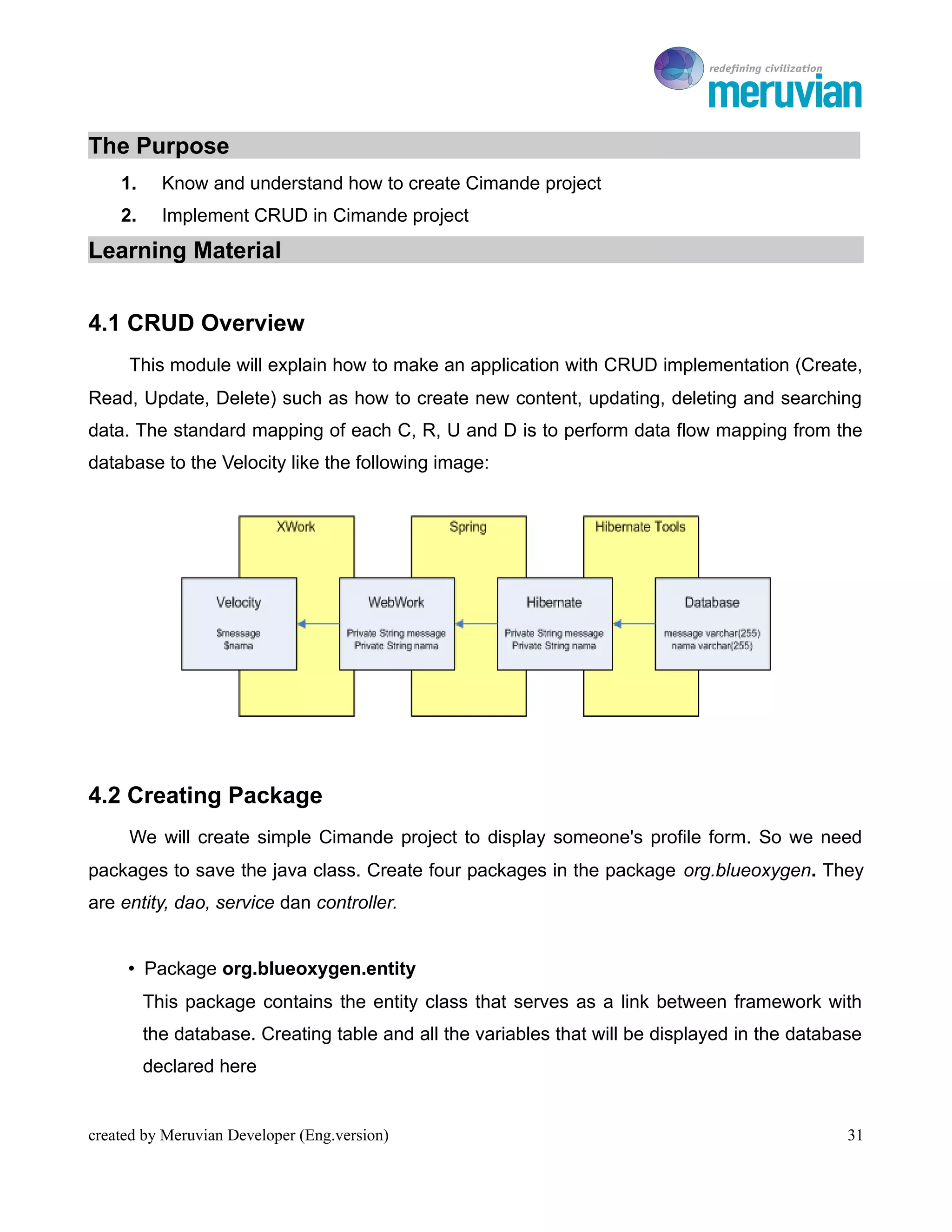To Ro

The Purpose
    1.     Know and understand how to create Cimande project
    2.     Implement CRUD in Cimande project
Learning Material


4.1 CRUD Overview
     This module will explain how to make an application with CRUD implementation (Create,
Read, Update, Delete) such as how to create new content, updating, deleting and searching
data. The standard mapping of each C, R, U and D is to perform data flow mapping from the
database to the Velocity like the following image:




4.2 Creating Package
     We will create simple Cimande project to display someone's profile form. So we need
packages to save the java class. Create four packages in the package org.blueoxygen. They
are entity, dao, service dan controller.


     • Package org.blueoxygen.entity
         This package contains the entity class that serves as a link between framework with
         the database. Creating table and all the variables that will be displayed in the database
         declared here


created by Meruvian Developer (Eng.version)                                                     31
 
