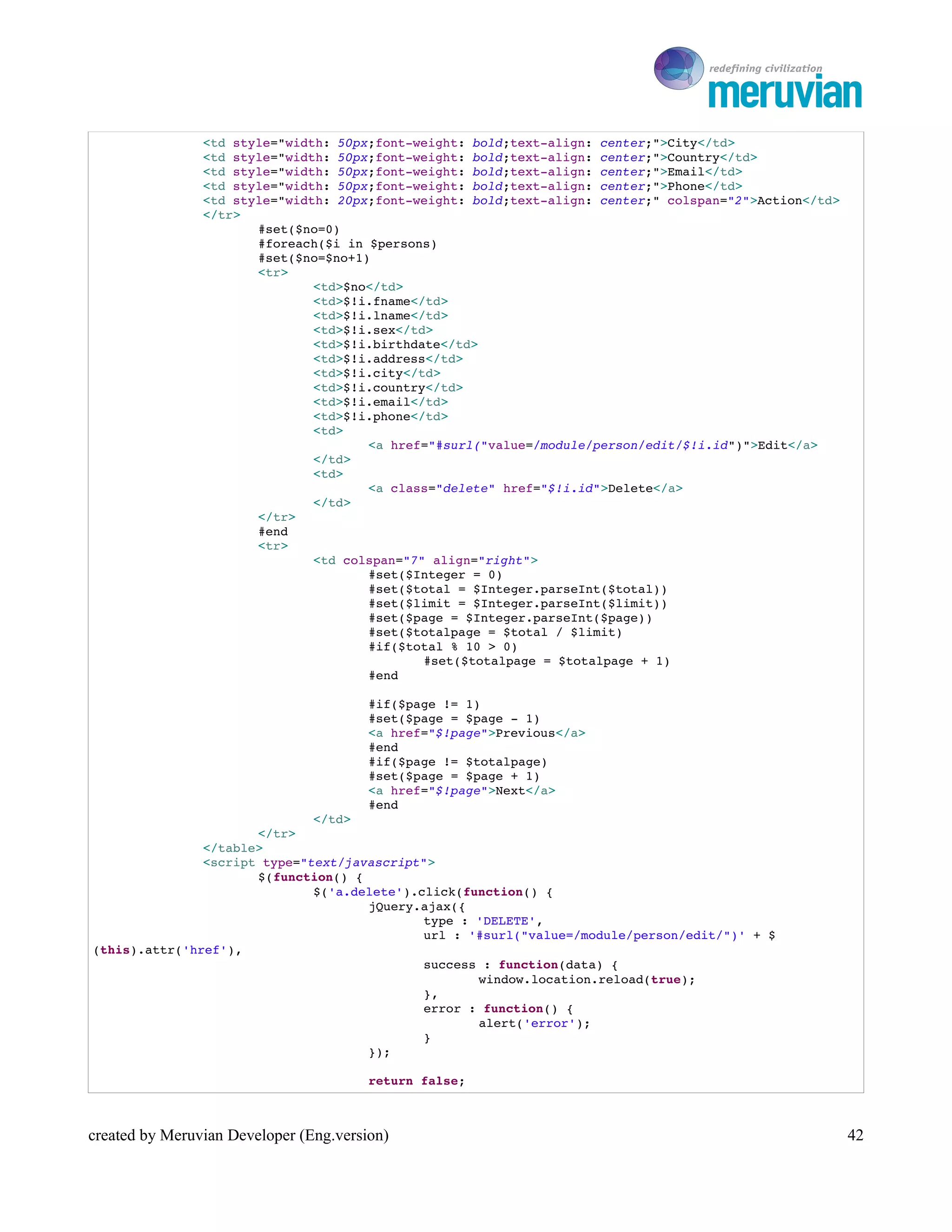 To Ro

                <td style="width: 50px;font­weight: bold;text­align: center;">City</td>
                <td style="width: 50px;font­weight: bold;text­align: center;">Country</td>
                <td style="width: 50px;font­weight: bold;text­align: center;">Email</td>
                <td style="width: 50px;font­weight: bold;text­align: center;">Phone</td>
                <td style="width: 20px;font­weight: bold;text­align: center;" colspan="2">Action</td>
                </tr>
                       #set($no=0)
                       #foreach($i in $persons)
                       #set($no=$no+1)
                       <tr>
                               <td>$no</td>
                               <td>$!i.fname</td>
                               <td>$!i.lname</td>
                               <td>$!i.sex</td>
                               <td>$!i.birthdate</td>
                               <td>$!i.address</td>
                               <td>$!i.city</td>
                               <td>$!i.country</td>
                               <td>$!i.email</td>
                               <td>$!i.phone</td>
                               <td>
                                      <a href="#surl("value=/module/person/edit/$!i.id")">Edit</a>
                               </td>
                               <td>
                                      <a class="delete" href="$!i.id">Delete</a>
                               </td>
                       </tr>
                       #end
                       <tr>
                               <td colspan="7" align="right">
                                      #set($Integer = 0)
                                      #set($total = $Integer.parseInt($total))
                                      #set($limit = $Integer.parseInt($limit))
                                      #set($page = $Integer.parseInt($page))
                                      #set($totalpage = $total / $limit)
                                      #if($total % 10 > 0) 
                                              #set($totalpage = $totalpage + 1) 
                                      #end

                                        #if($page != 1)
                                        #set($page = $page ­ 1)
                                        <a href="$!page">Previous</a>
                                        #end
                                        #if($page != $totalpage)
                                        #set($page = $page + 1)
                                        <a href="$!page">Next</a>
                                        #end
                              </td>
                      </tr>
               </table>
               <script type="text/javascript">
                      $(function() {
                              $('a.delete').click(function() {
                                     jQuery.ajax({
                                             type : 'DELETE',
                                             url : '#surl("value=/module/person/edit/")' + $
(this).attr('href'),
                                             success : function(data) {
                                                    window.location.reload(true);
                                             },
                                             error : function() {
                                                    alert('error');
                                             }
                                     });

                                        return false;



created by Meruvian Developer (Eng.version)                                                             42
 