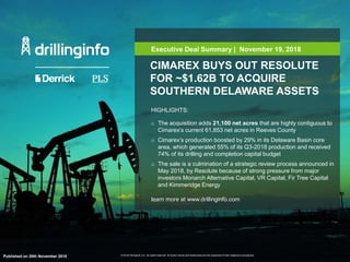 CIMAREX BUYS OUT RESOLUTE
FOR ~$1.62B TO ACQUIRE
SOUTHERN DELAWARE ASSETS
Executive Deal Summary | November 19, 2018
learn more at www.drillinginfo.com
o The acquisition adds 21,100 net acres that are highly contiguous to
Cimarex’s current 61,853 net acres in Reeves County
o Cimarex’s production boosted by 29% in its Delaware Basin core
area, which generated 55% of its Q3-2018 production and received
74% of its drilling and completion capital budget
o The sale is a culmination of a strategic review process announced in
May 2018, by Resolute because of strong pressure from major
investors Monarch Alternative Capital, VR Capital, Fir Tree Capital
and Kimmeridge Energy
HIGHLIGHTS:
© 2018 Drillinginfo, Inc. All rights reserved. All brand names and trademarks are the properties of their respective companies.
Published on 20th November 2018
 