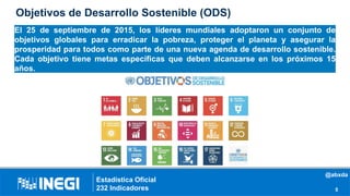 Objetivos de Desarrollo Sostenible (ODS)
Estadística Oficial
232 Indicadores 5
El 25 de septiembre de 2015, los líderes mundiales adoptaron un conjunto de
objetivos globales para erradicar la pobreza, proteger el planeta y asegurar la
prosperidad para todos como parte de una nueva agenda de desarrollo sostenible.
Cada objetivo tiene metas específicas que deben alcanzarse en los próximos 15
años.
@abxda
 