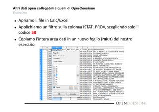 Altri dati open collegabili a quelli di OpenCoesione 
Esercizio 
 Apriamo il file in Calc/Excel 
 Applichiamo un filtro sulla colonna ISTAT_PROV, scegliendo solo il 
codice 58 
 Copiamo l'intera area dati in un nuovo foglio (miur) del nostro 
esercizio 
 
