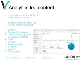 www.visionb2b.co.uk @visionb2b @renepower
Analytics led content
• Use analytics to improve focus
and quality of content
• 10 standard metrics that you
need to monitor & impact
 SALES
 Conversion to sales
 New vs. returning visits
 Behaviour (content)
 Dwell
 Bounce
 Social referral
 Exit path
 Device
 Geography
 