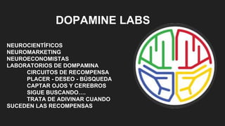 DOPAMINE LABS
NEUROCIENTÍFICOS
NEUROMARKETING
NEUROECONOMISTAS
LABORATORIOS DE DOMPAMINA
CIRCUITOS DE RECOMPENSA
PLACER - DESEO - BÚSQUEDA
CAPTAR OJOS Y CEREBROS
SIGUE BUSCANDO….
TRATA DE ADIVINAR CUANDO
SUCEDEN LAS RECOMPENSAS
 