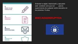Entender lo digital, interiorizarlo y ejecutarlo
será condición sine qua non para la
supervivencia de cualquier centro educativo en
los próximos 15 años.
#DECADADISRUPTIVA
 