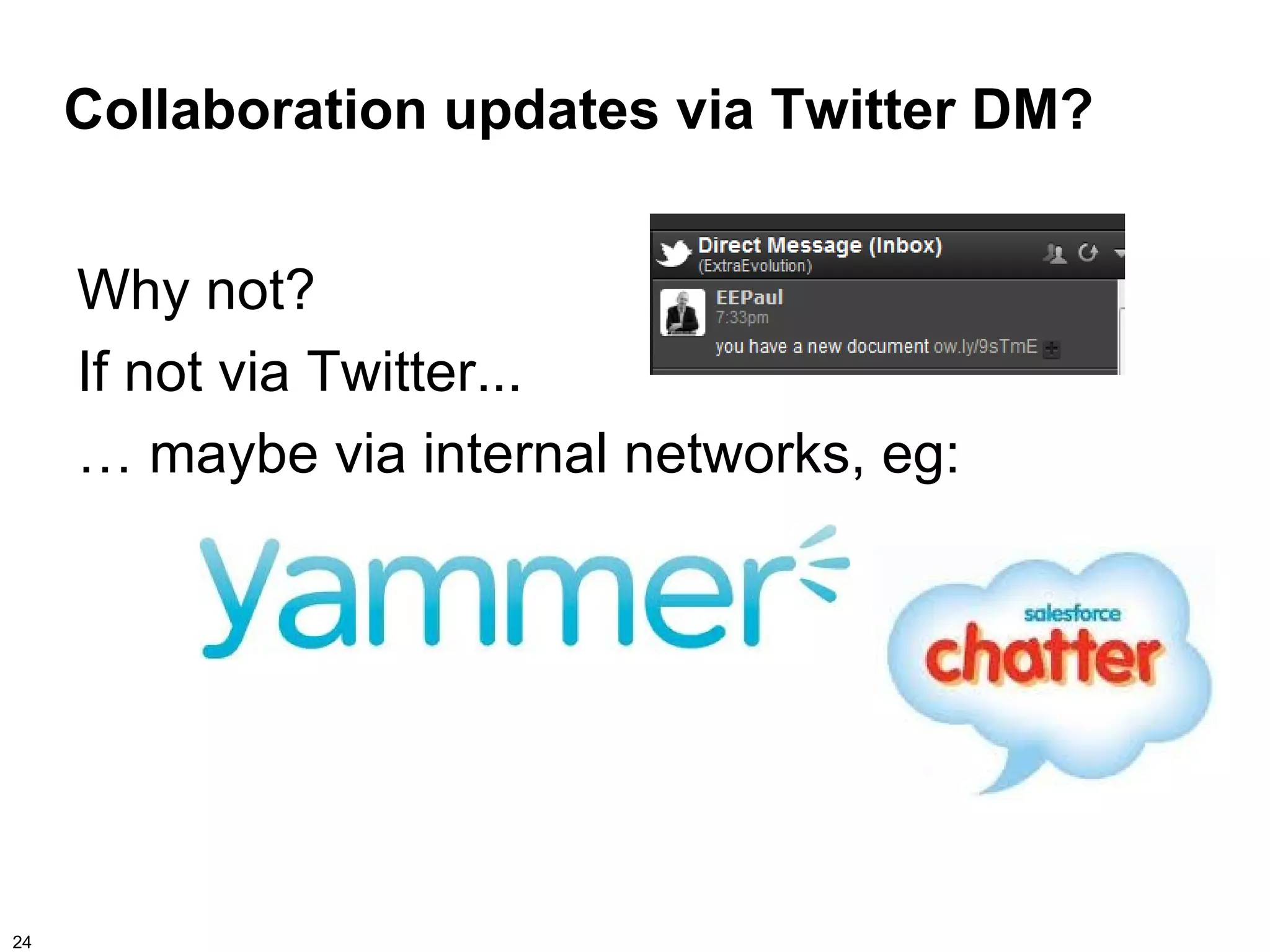 Collaboration updates via Twitter DM?


     Why not?
     If not via Twitter...
     … maybe via internal networks, eg:




24
 