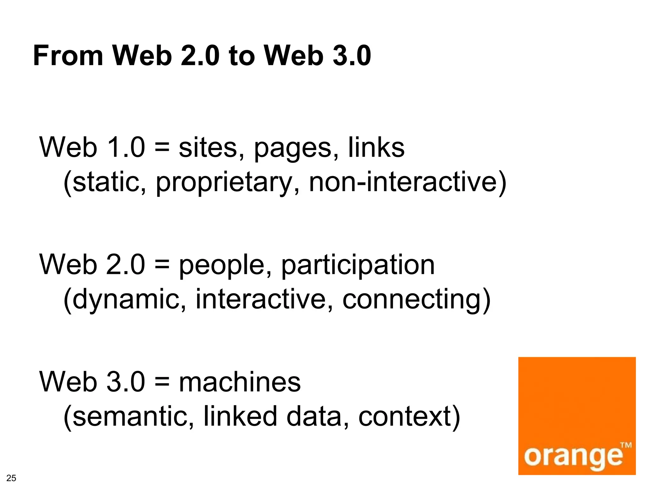From Web 2.0 to Web 3.0


     Web 1.0 = sites, pages, links
      (static, proprietary, non-interactive)

     Web 2.0 = people, participation
      (dynamic, interactive, connecting)

     Web 3.0 = machines
      (semantic, linked data, context)
25
 