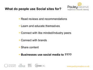 What do people use Social sites for?


         Read reviews and recommendations

         Learn and educate themselves
...