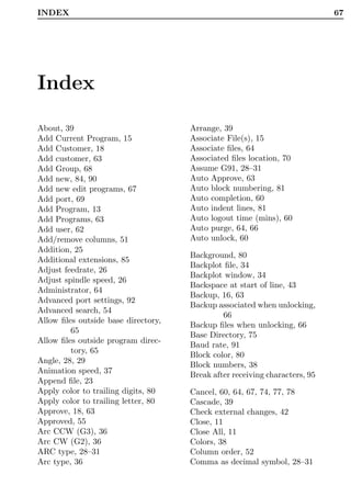 INDEX                                                                       67




Index

About, 39                            Arrange, 39
Add Current Program, 15              Associate File(s), 15
Add Customer, 18                     Associate ﬁles, 64
Add customer, 63                     Associated ﬁles location, 70
Add Group, 68                        Assume G91, 28–31
Add new, 84, 90                      Auto Approve, 63
Add new edit programs, 67            Auto block numbering, 81
Add port, 69                         Auto completion, 60
Add Program, 13                      Auto indent lines, 81
Add Programs, 63                     Auto logout time (mins), 60
Add user, 62                         Auto purge, 64, 66
Add/remove columns, 51               Auto unlock, 60
Addition, 25
                                     Background, 80
Additional extensions, 85
                                     Backplot ﬁle, 34
Adjust feedrate, 26
                                     Backplot window, 34
Adjust spindle speed, 26
                                     Backspace at start of line, 43
Administrator, 64
                                     Backup, 16, 63
Advanced port settings, 92
                                     Backup associated when unlocking,
Advanced search, 54
                                              66
Allow ﬁles outside base directory,
                                     Backup ﬁles when unlocking, 66
         65
                                     Base Directory, 75
Allow ﬁles outside program direc-
                                     Baud rate, 91
         tory, 65
                                     Block color, 80
Angle, 28, 29
                                     Block numbers, 38
Animation speed, 37                  Break after receiving characters, 95
Append ﬁle, 23
Apply color to trailing digits, 80   Cancel, 60, 64, 67, 74, 77, 78
Apply color to trailing letter, 80   Cascade, 39
Approve, 18, 63                      Check external changes, 42
Approved, 55                         Close, 11
Arc CCW (G3), 36                     Close All, 11
Arc CW (G2), 36                      Colors, 38
ARC type, 28–31                      Column order, 52
Arc type, 36                         Comma as decimal symbol, 28–31
 