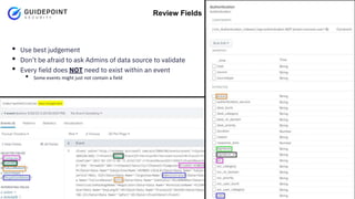Copyright ©2023 | guidepointsecurity.com
Review Fields
• Use best judgement
• Don’t be afraid to ask Admins of data source to validate
• Every field does NOT need to exist within an event
• Some events might just not contain a field
 